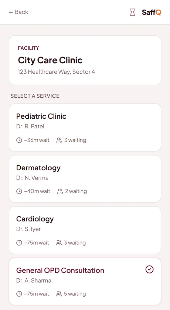 The booking page a patient sees after scanning the clinic's QR code: every doctor with the current wait, no app or account