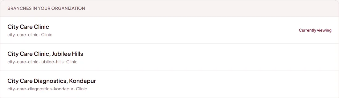 Admin view listing three branches of one organization
